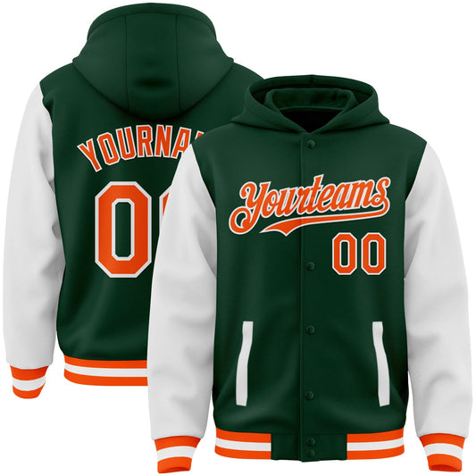 Custom Green Orange-White Bomber Full-Snap Varsity Letterman Two Tone Hoodie Jacket - Main View