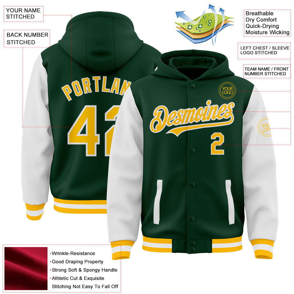 Custom Green Gold-White Bomber Full-Snap Varsity Letterman Two Tone Hoodie Jacket view 3