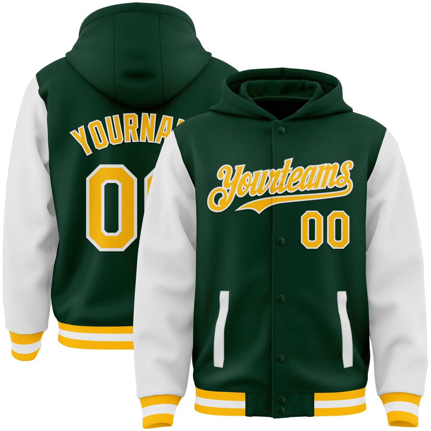 Custom Green Gold-White Bomber Full-Snap Varsity Letterman Two Tone Hoodie Jacket - Main View
