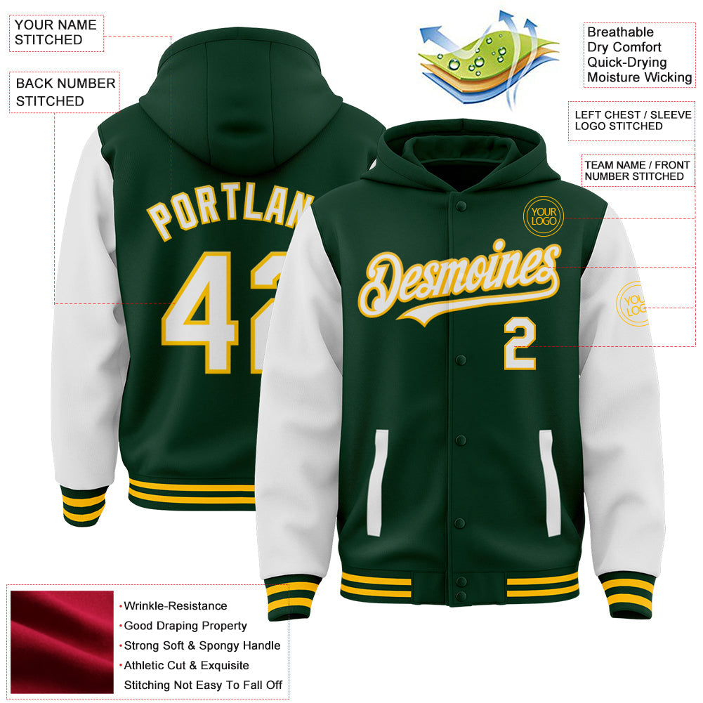 Custom Green White-Gold Bomber Full-Snap Varsity Letterman Two Tone Hoodie Jacket view 3