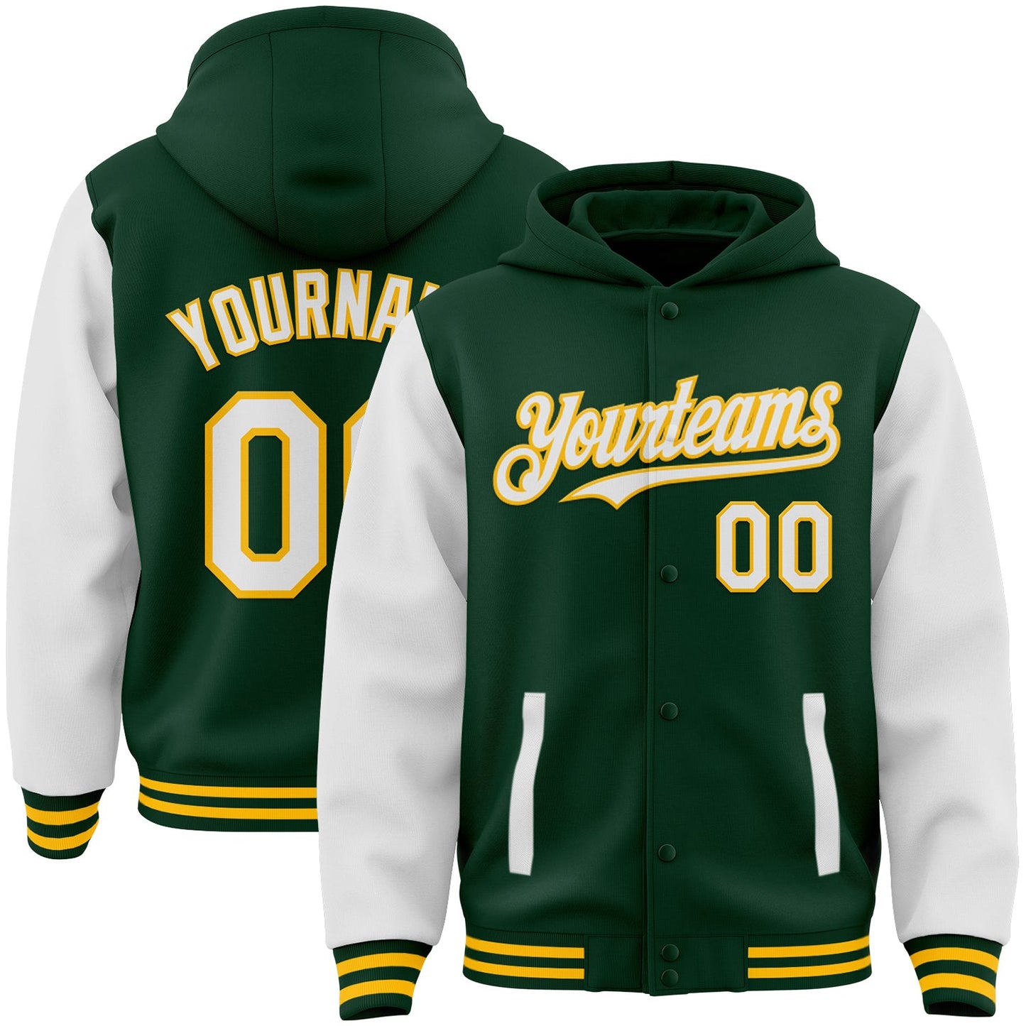 Custom Green White-Gold Bomber Full-Snap Varsity Letterman Two Tone Hoodie Jacket - Main View