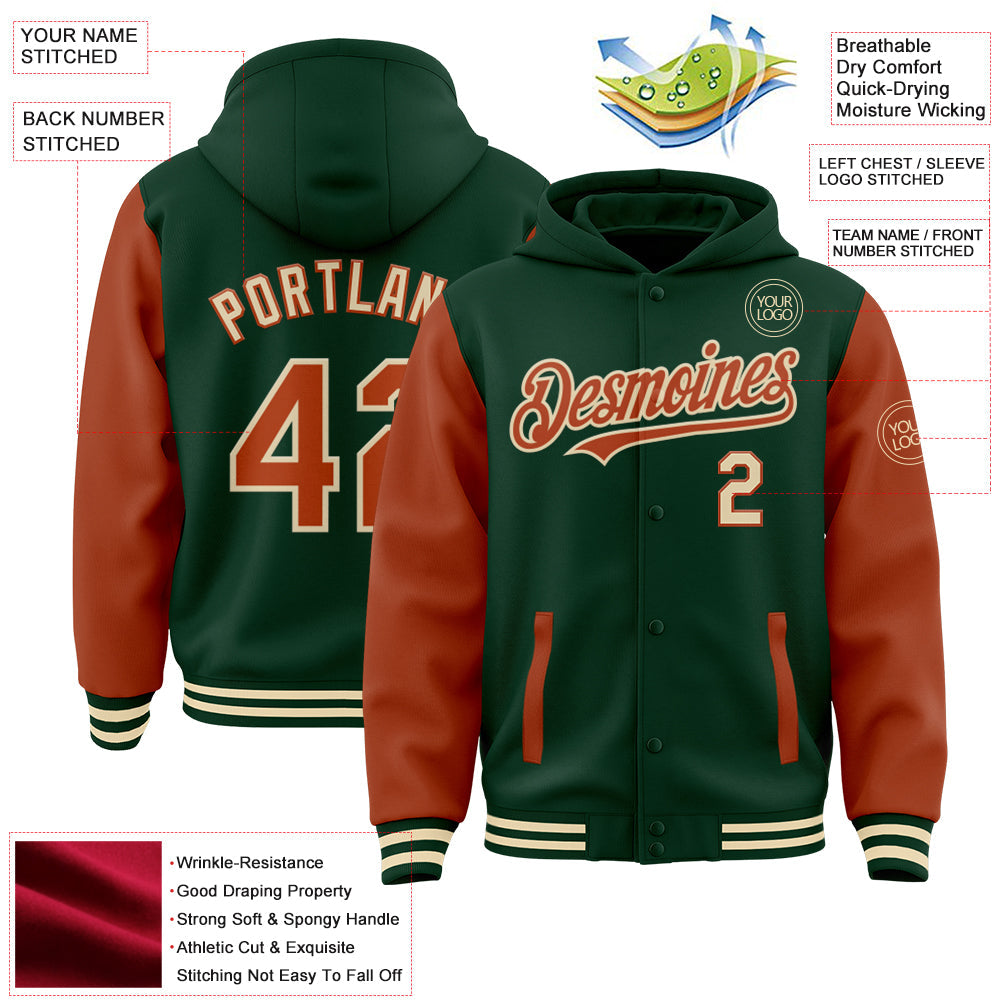 Custom Green Texas Orange-Cream Bomber Full-Snap Varsity Letterman Two Tone Hoodie Jacket view 3