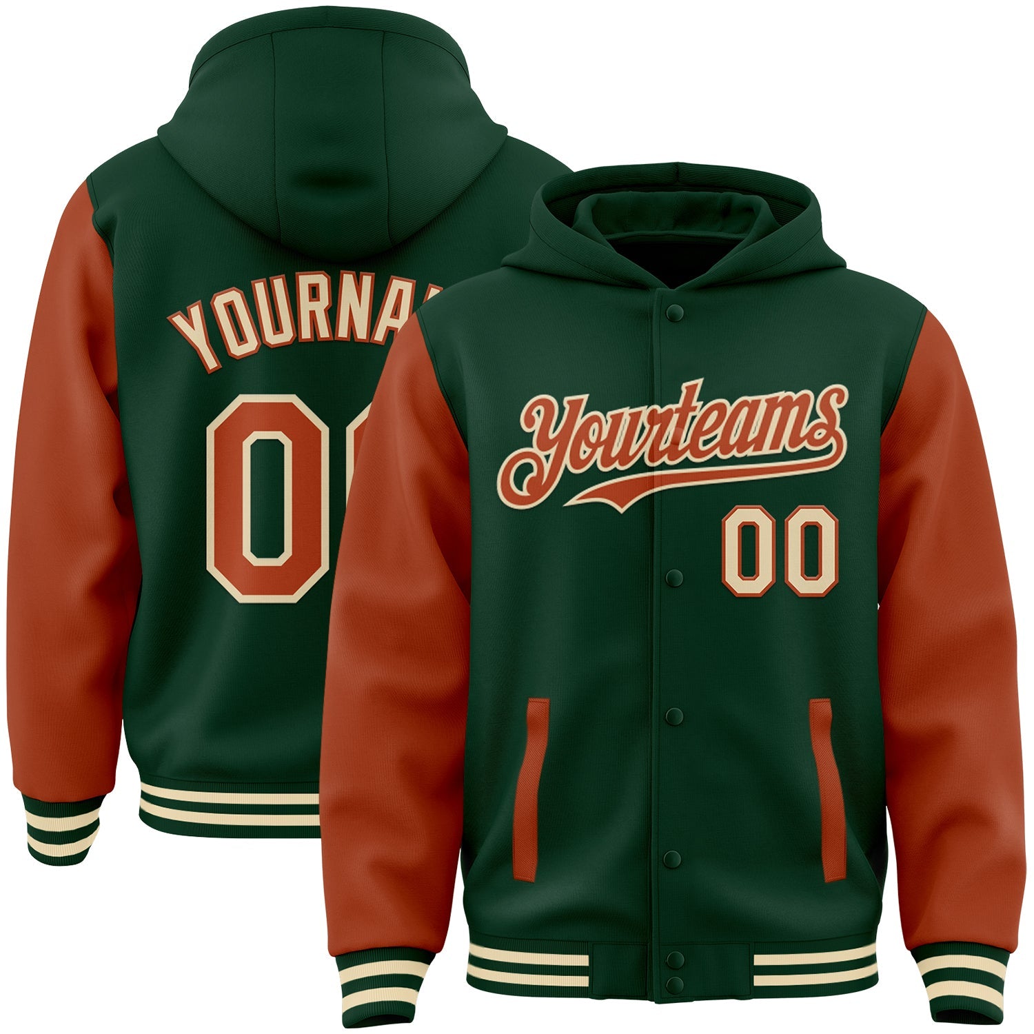 Custom Green Texas Orange-Cream Bomber Full-Snap Varsity Letterman Two Tone Hoodie Jacket - Main View