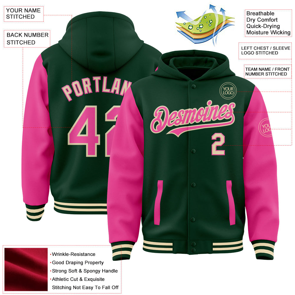 Custom Green Pink-Cream Bomber Full-Snap Varsity Letterman Two Tone Hoodie Jacket view 3