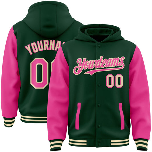 Custom Green Pink-Cream Bomber Full-Snap Varsity Letterman Two Tone Hoodie Jacket - Main View