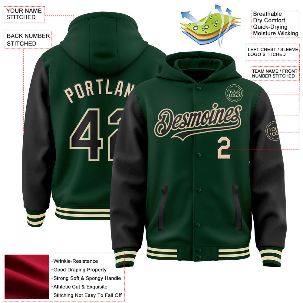 Custom Green Black-Cream Bomber Full-Snap Varsity Letterman Two Tone Hoodie Jacket view 3