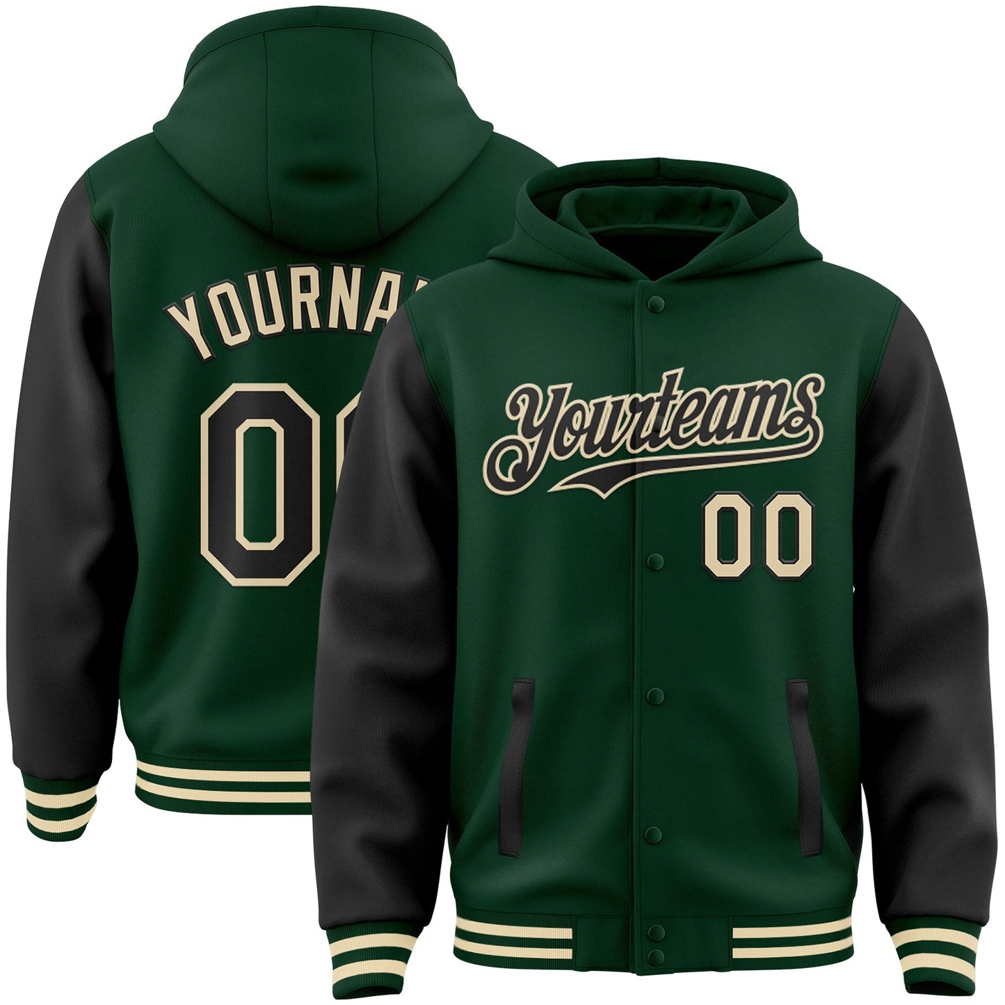 Custom Green Black-Cream Bomber Full-Snap Varsity Letterman Two Tone Hoodie Jacket - Main View