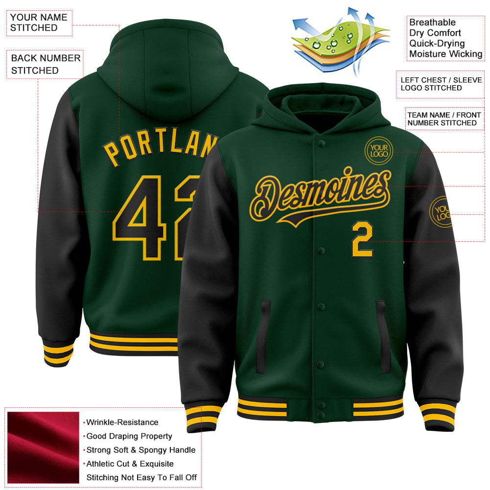Custom Green Black-Gold Bomber Full-Snap Varsity Letterman Two Tone Hoodie Jacket view 3