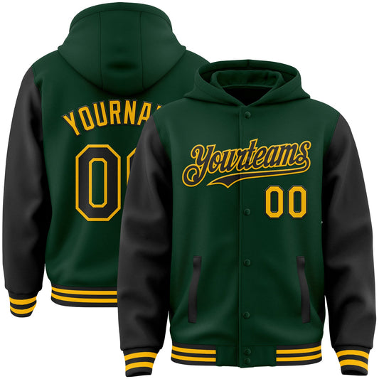 Custom Green Black-Gold Bomber Full-Snap Varsity Letterman Two Tone Hoodie Jacket - Main View
