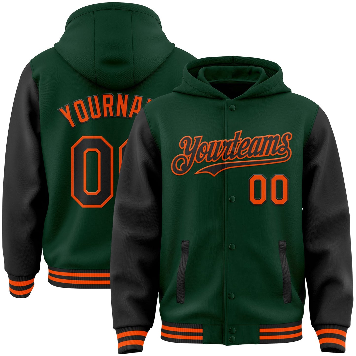 Custom Green Black-Orange Bomber Full-Snap Varsity Letterman Two Tone Hoodie Jacket - Main View