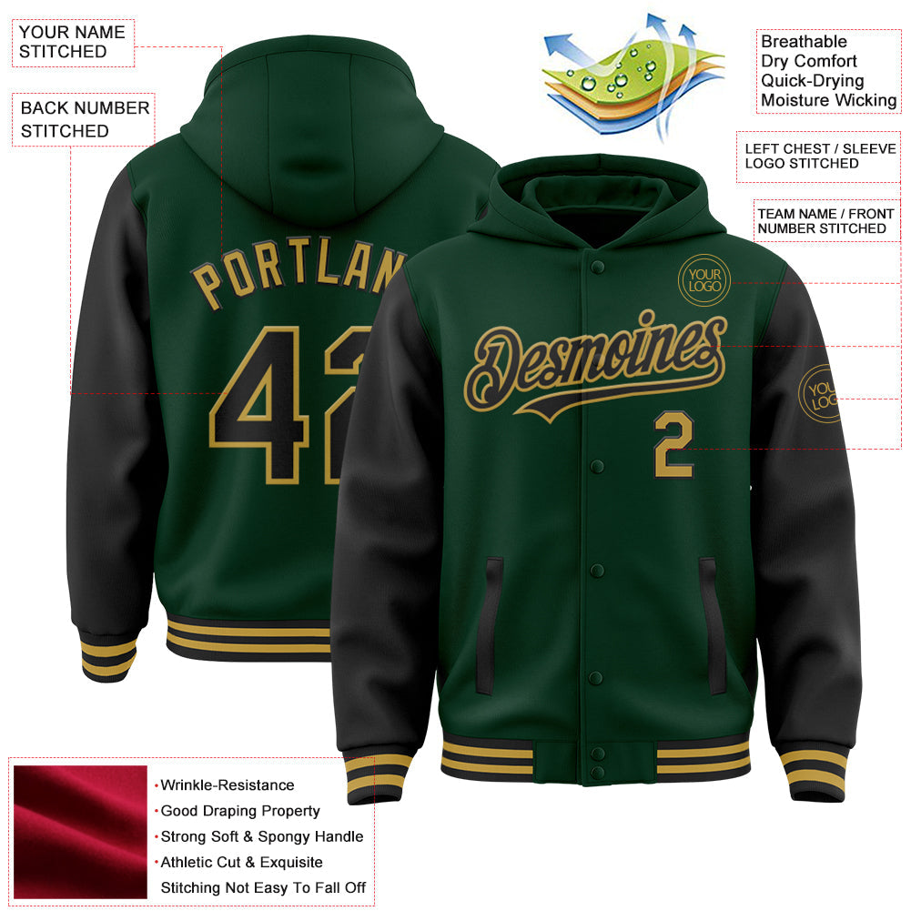 Custom Green Black-Old Gold Bomber Full-Snap Varsity Letterman Two Tone Hoodie Jacket view 3
