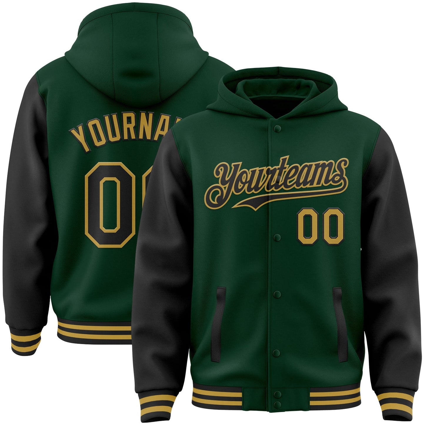 Custom Green Black-Old Gold Bomber Full-Snap Varsity Letterman Two Tone Hoodie Jacket - Main View