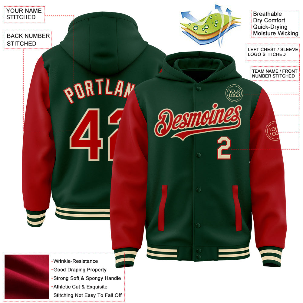 Custom Green Red-Cream Bomber Full-Snap Varsity Letterman Two Tone Hoodie Jacket view 3