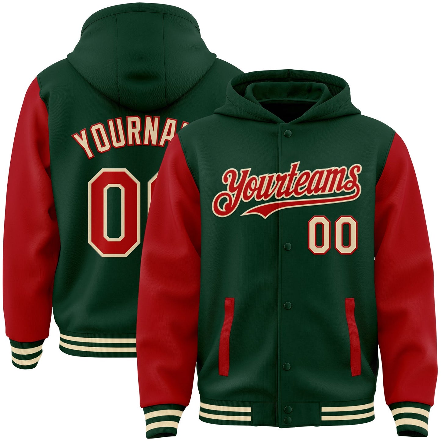 Custom Green Red-Cream Bomber Full-Snap Varsity Letterman Two Tone Hoodie Jacket - Main View