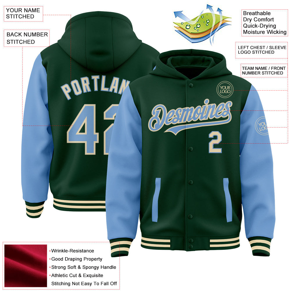Custom Green Light Blue-Cream Bomber Full-Snap Varsity Letterman Two Tone Hoodie Jacket view 3