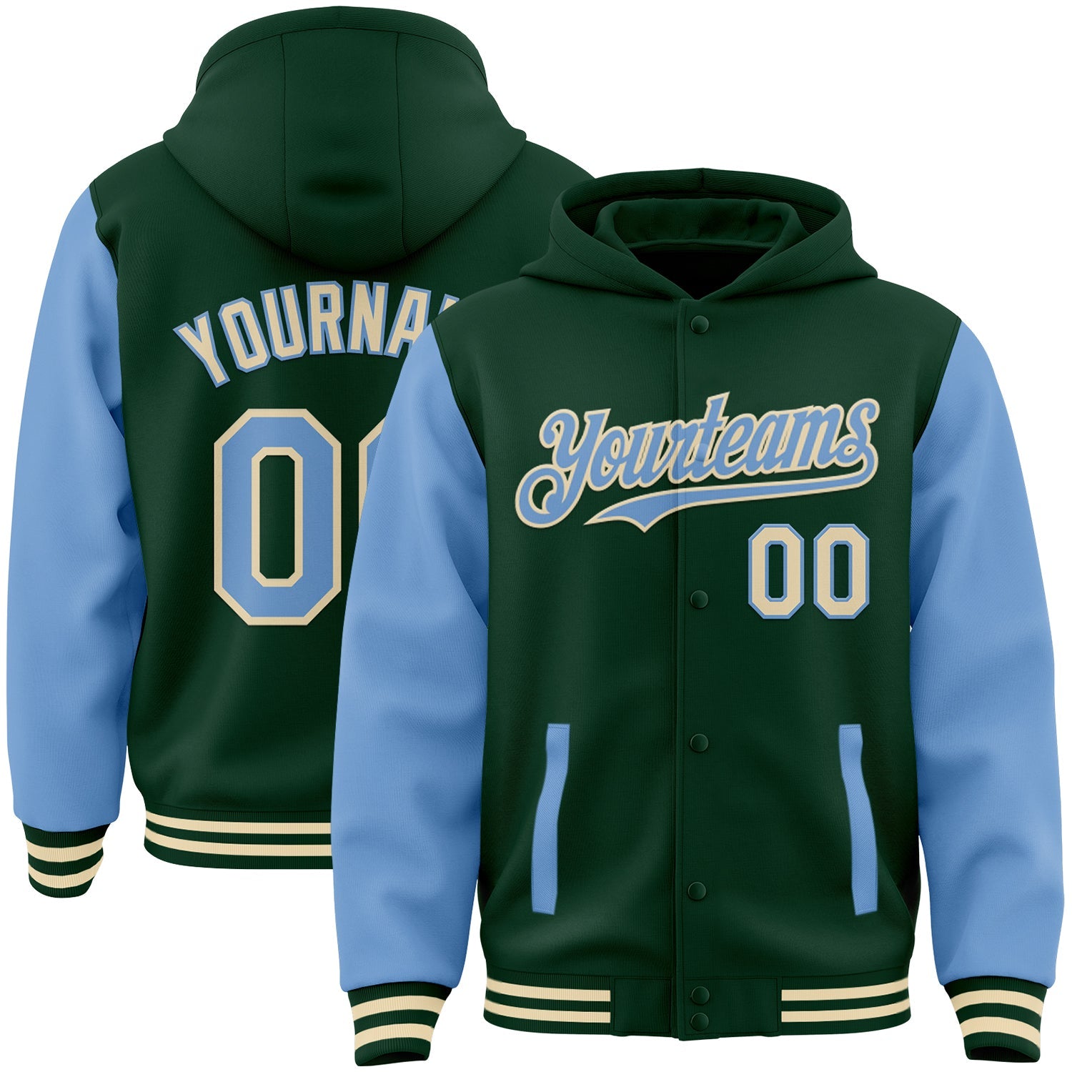Custom Green Light Blue-Cream Bomber Full-Snap Varsity Letterman Two Tone Hoodie Jacket - Main View