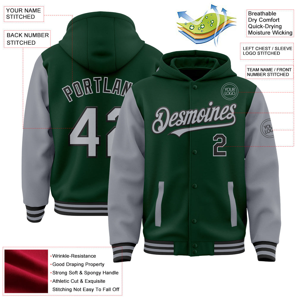 Custom Green Gray-Black Bomber Full-Snap Varsity Letterman Two Tone Hoodie Jacket view 3