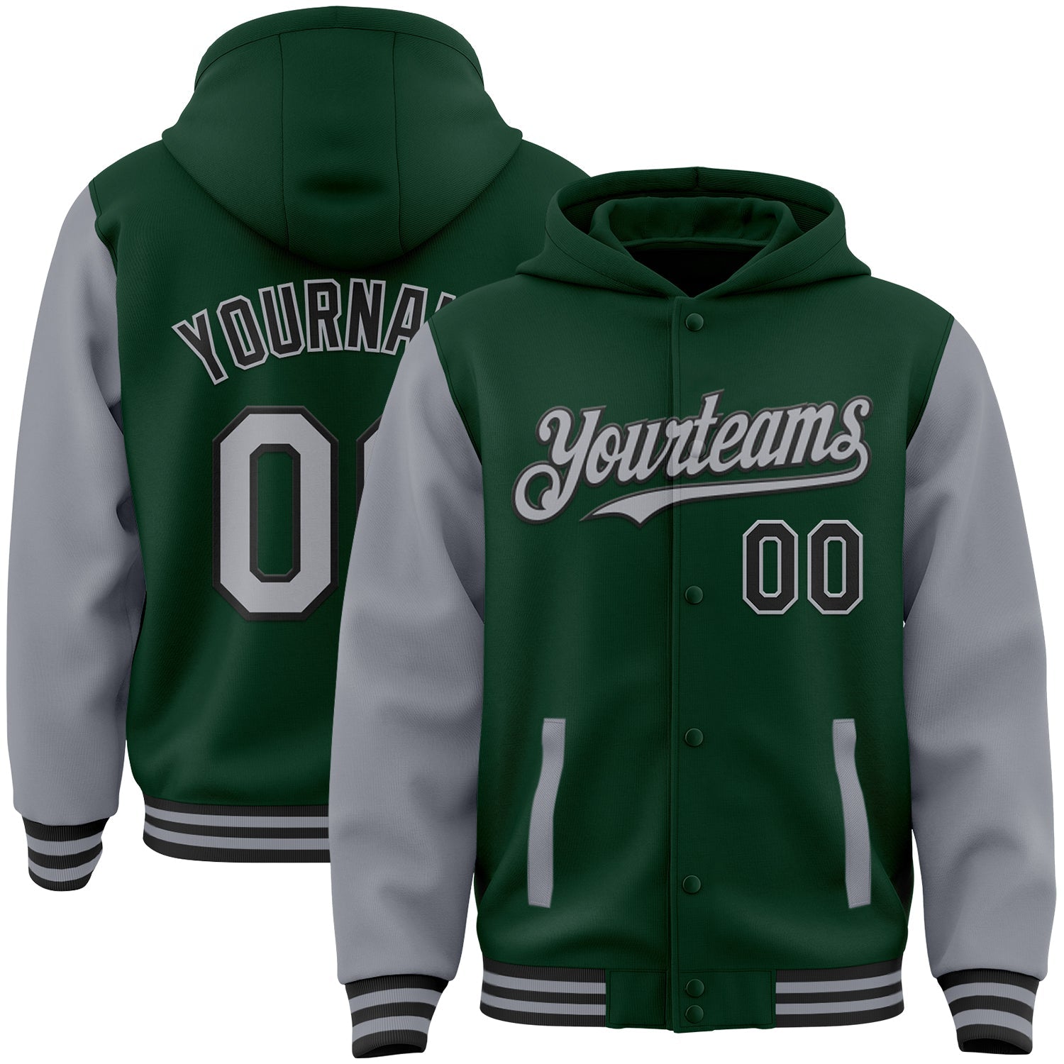 Custom Green Gray-Black Bomber Full-Snap Varsity Letterman Two Tone Hoodie Jacket - Main View