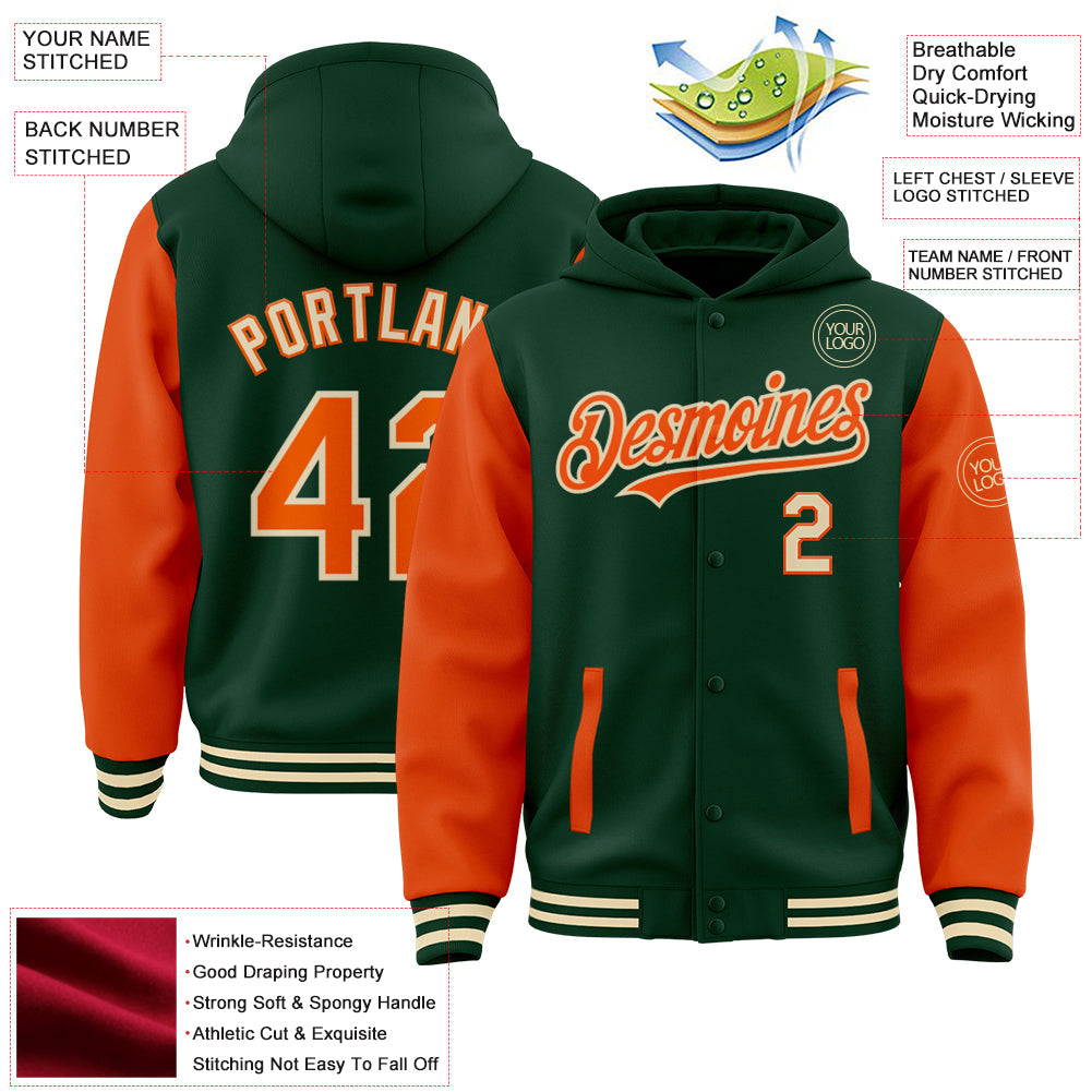Custom Green Orange-Cream Bomber Full-Snap Varsity Letterman Two Tone Hoodie Jacket view 3