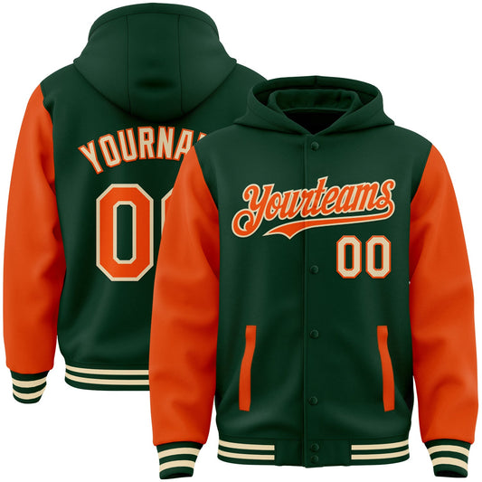 Custom Green Orange-Cream Bomber Full-Snap Varsity Letterman Two Tone Hoodie Jacket - Main View