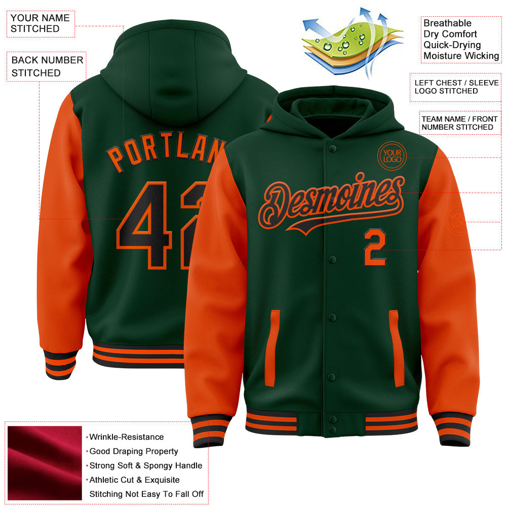 Custom Green Orange-Cream Bomber Full-Snap Varsity Letterman Two Tone Hoodie Jacket view 3