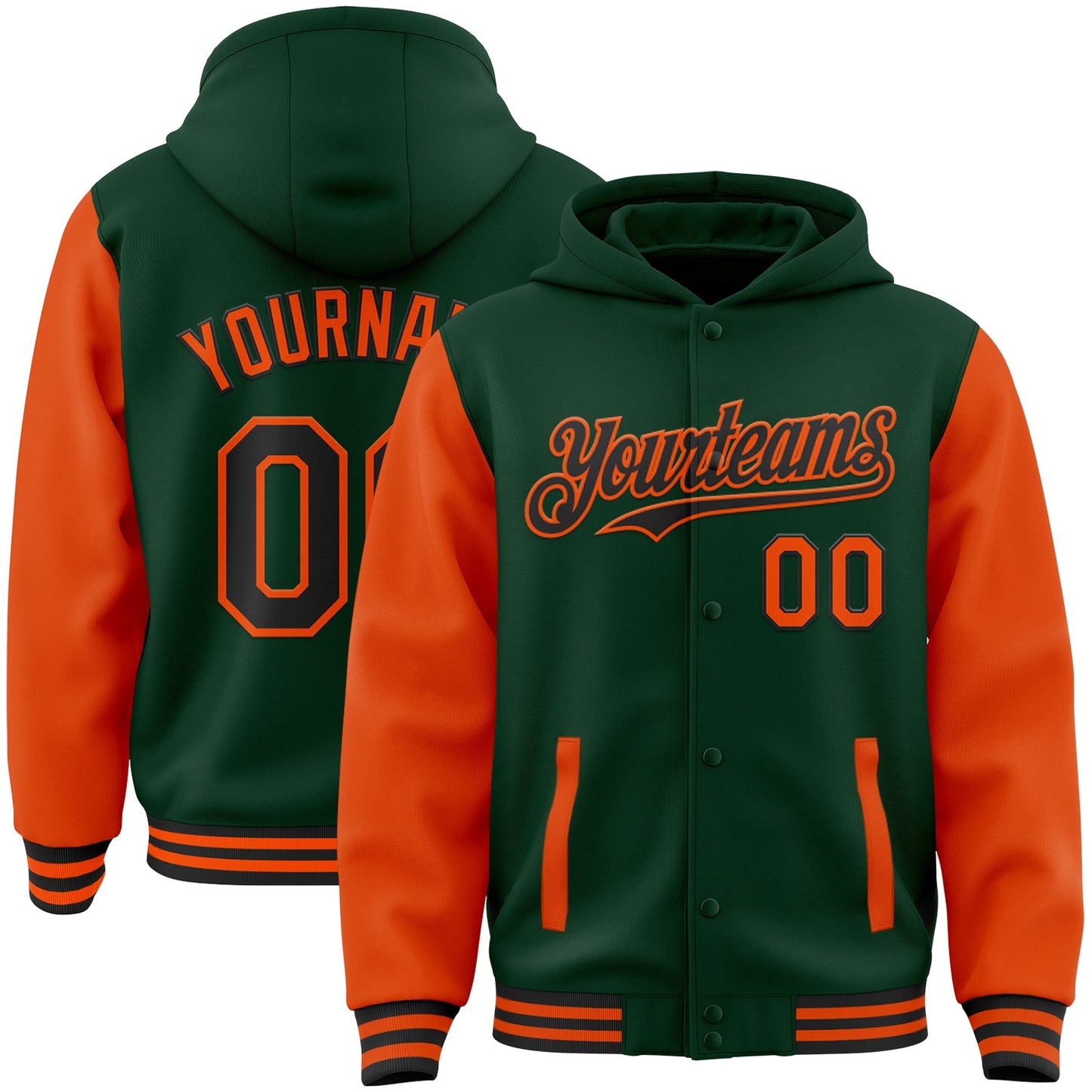 Custom Green Orange-Cream Bomber Full-Snap Varsity Letterman Two Tone Hoodie Jacket - Main View