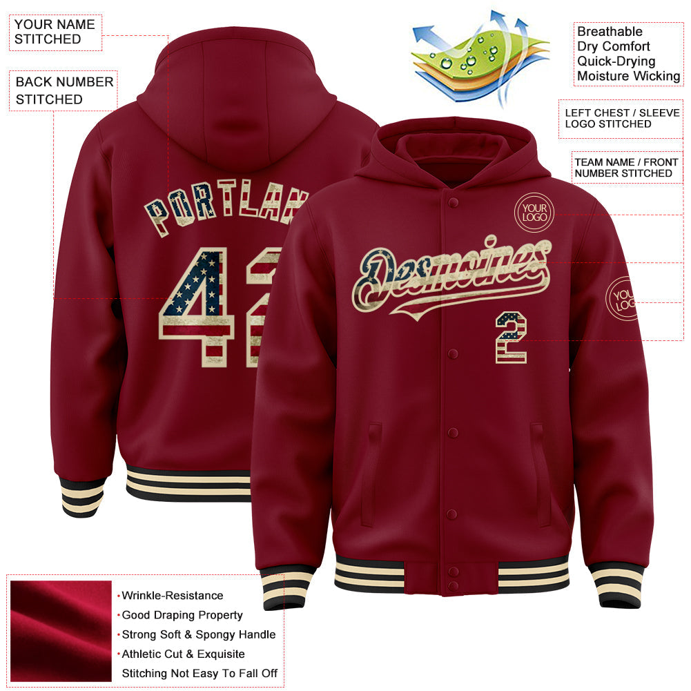 Custom Crimson Vintage USA Flag Cream-Black Bomber Full-Snap Varsity Letterman Hoodie Jacket view 3