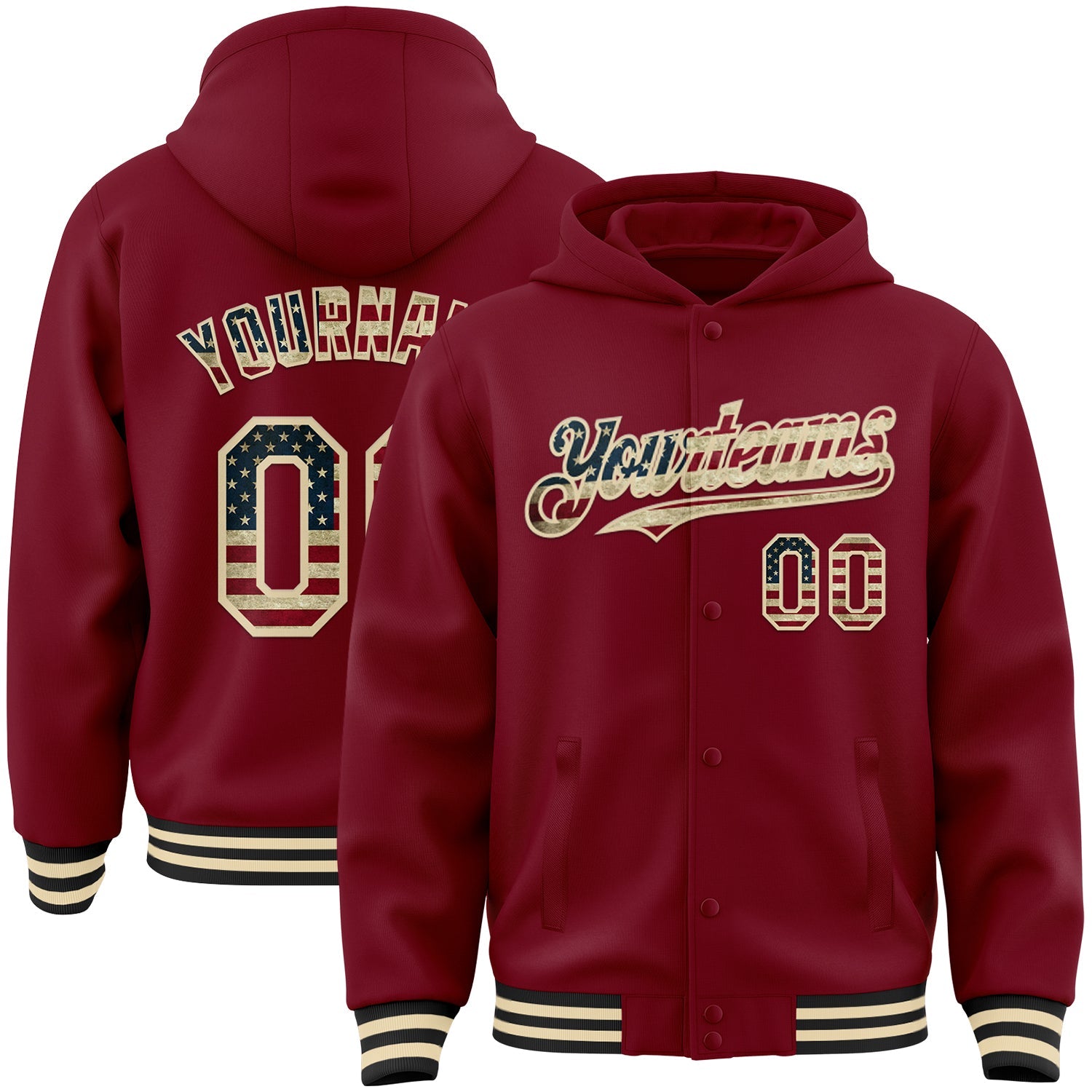 Custom Crimson Vintage USA Flag Cream-Black Bomber Full-Snap Varsity Letterman Hoodie Jacket - Main View