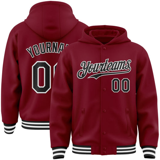 Custom Crimson Black-White Bomber Full-Snap Varsity Letterman Hoodie Jacket - Main View