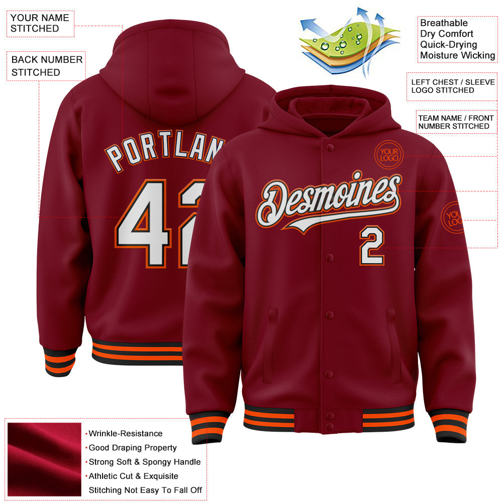 Custom Crimson Black-Orange Bomber Full-Snap Varsity Letterman Hoodie Jacket view 3