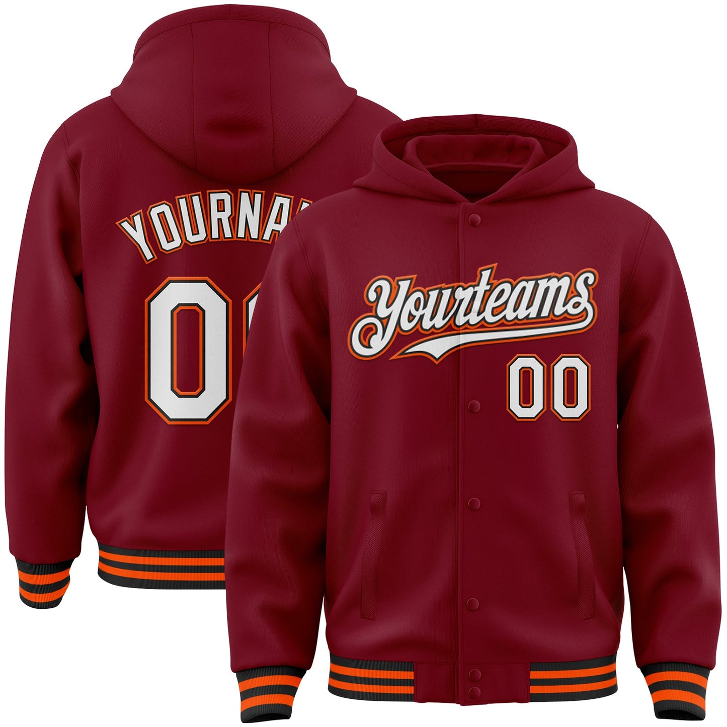 Custom Crimson Black-Orange Bomber Full-Snap Varsity Letterman Hoodie Jacket - Main View