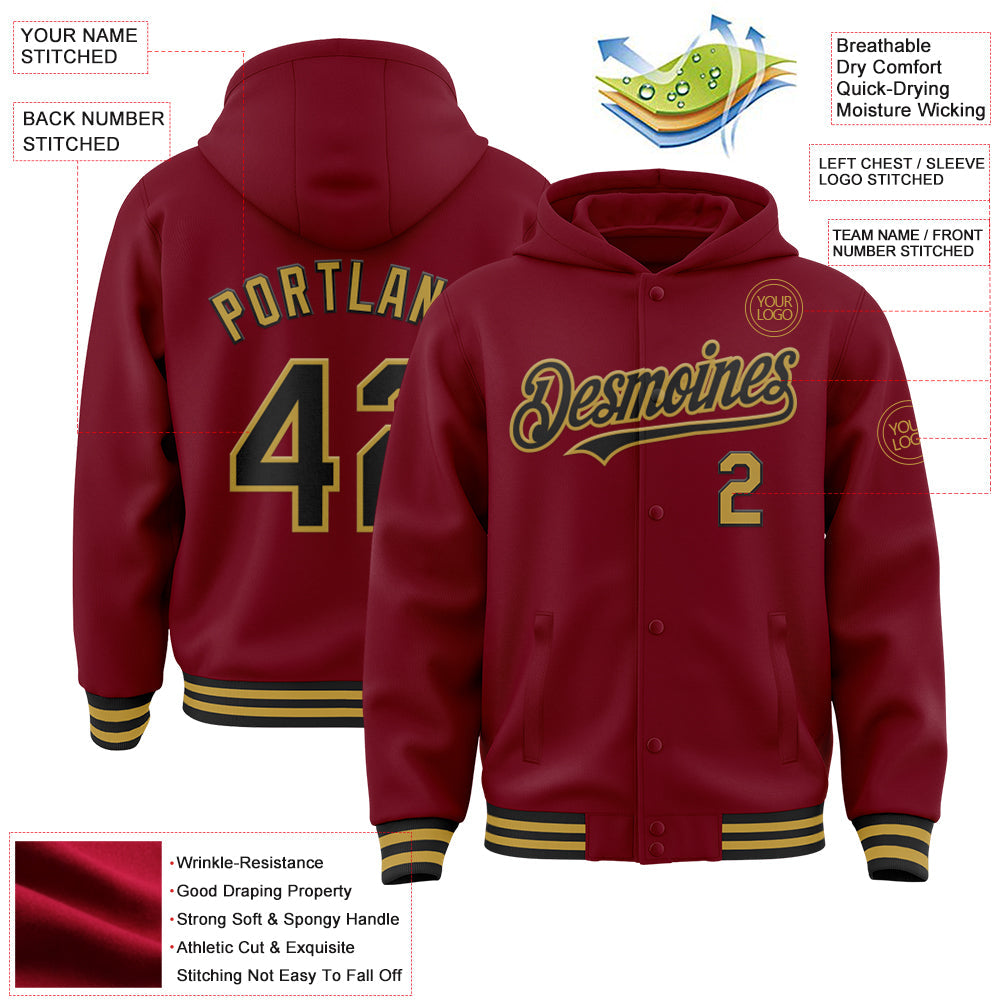 Custom Crimson Black-Old Gold Bomber Full-Snap Varsity Letterman Hoodie Jacket view 3