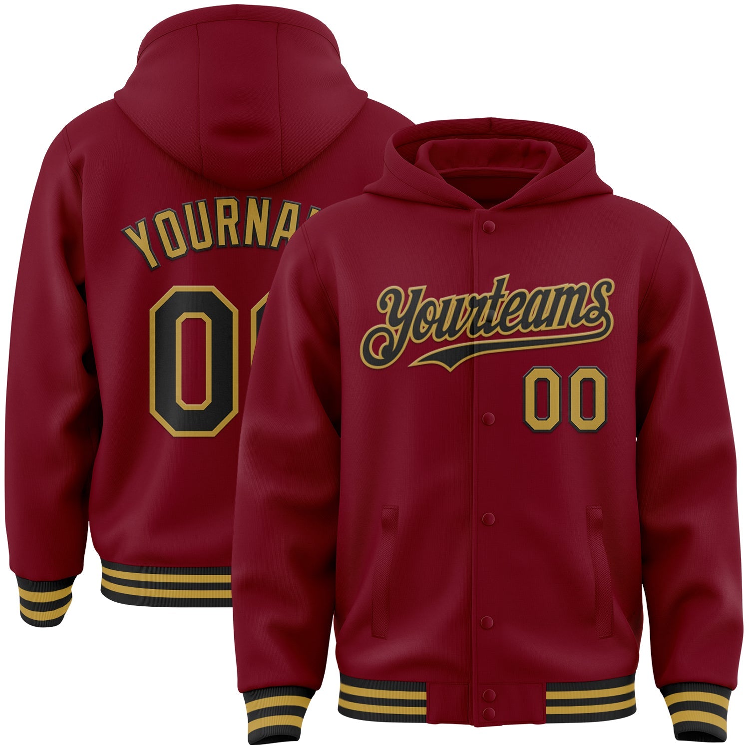 Custom Crimson Black-Old Gold Bomber Full-Snap Varsity Letterman Hoodie Jacket - Main View