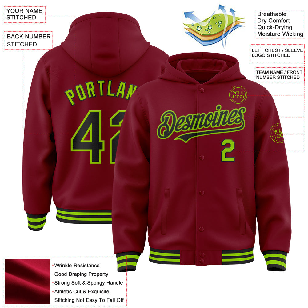 Custom Crimson Black-Neon Green Bomber Full-Snap Varsity Letterman Hoodie Jacket view 3