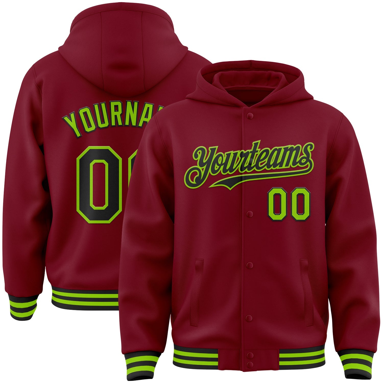 Custom Crimson Black-Neon Green Bomber Full-Snap Varsity Letterman Hoodie Jacket - Main View