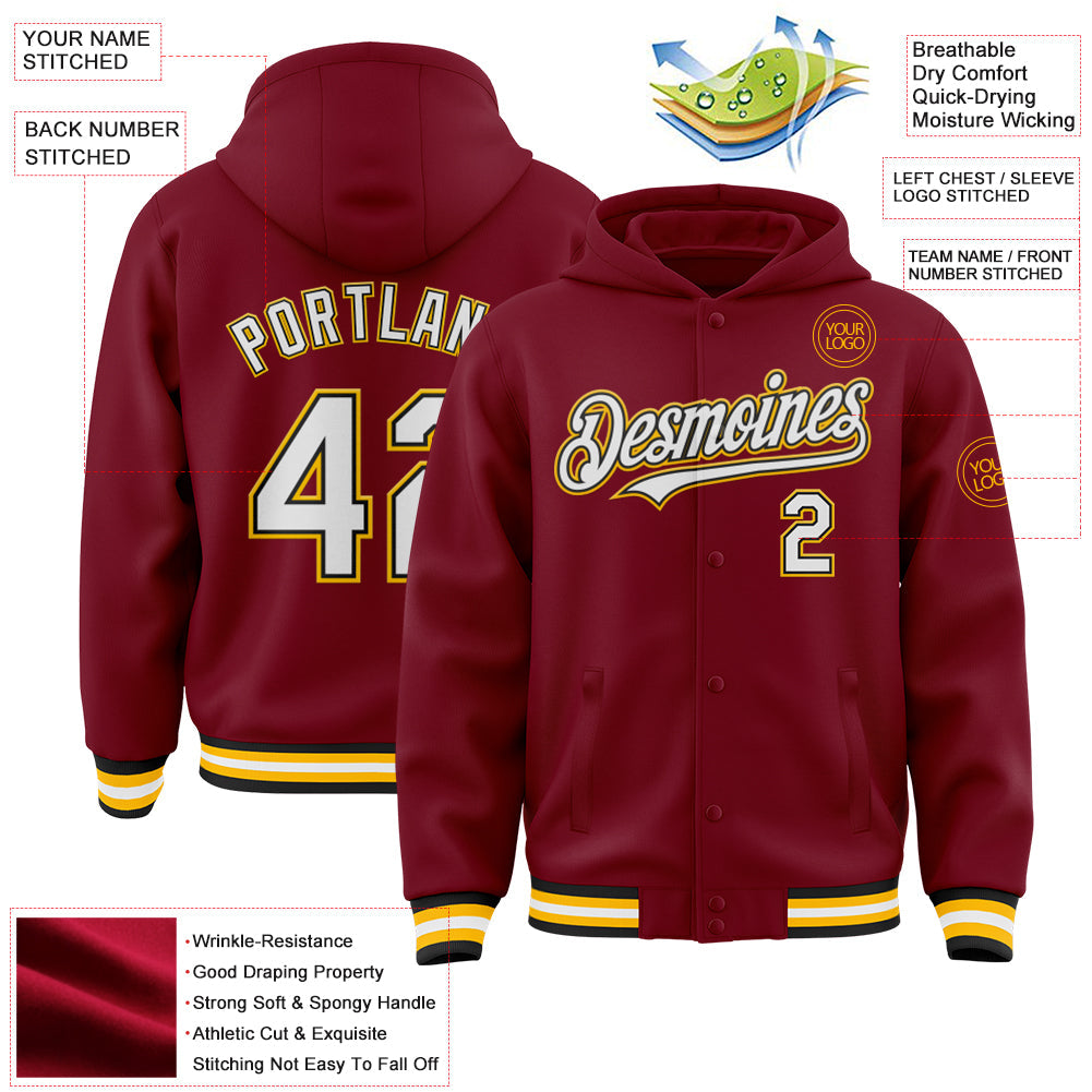Custom Crimson Black-Gold Bomber Full-Snap Varsity Letterman Hoodie Jacket view 3