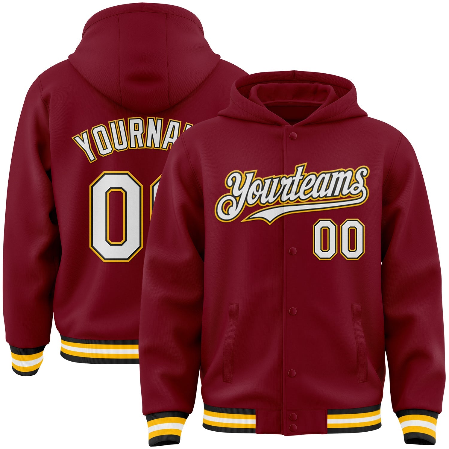 Custom Crimson Black-Gold Bomber Full-Snap Varsity Letterman Hoodie Jacket - Main View