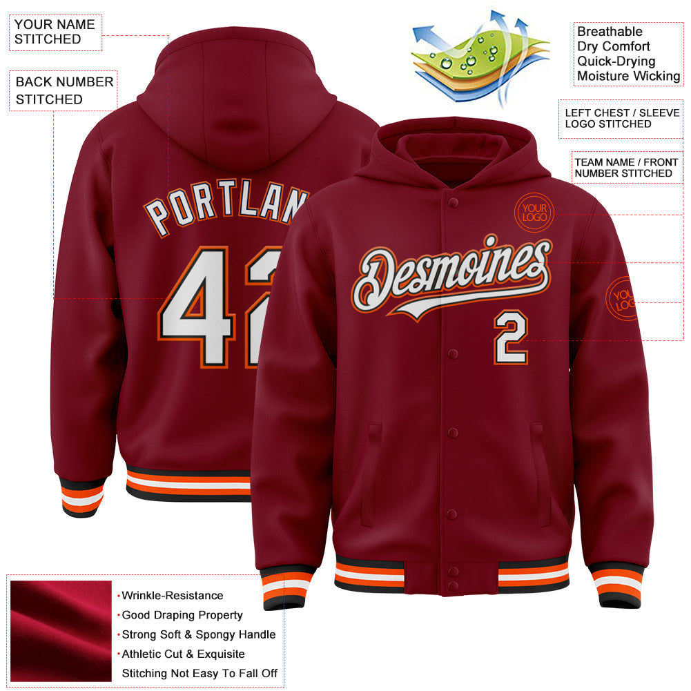 Custom Crimson Black-Orange Bomber Full-Snap Varsity Letterman Hoodie Jacket view 3