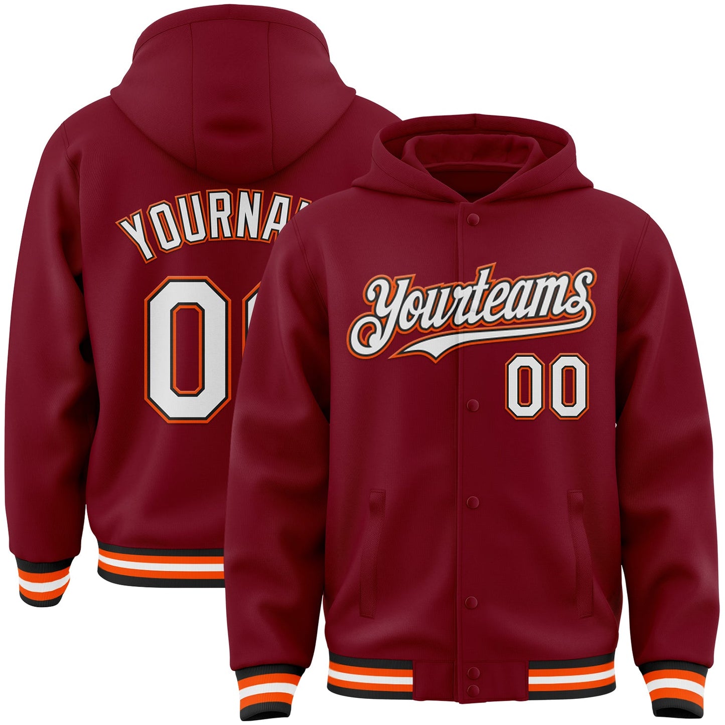 Custom Crimson Black-Orange Bomber Full-Snap Varsity Letterman Hoodie Jacket - Main View
