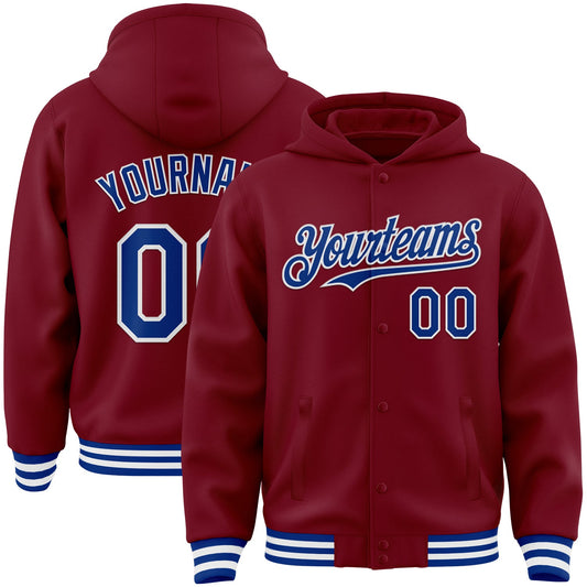 Custom Crimson Royal-White Bomber Full-Snap Varsity Letterman Hoodie Jacket - Main View