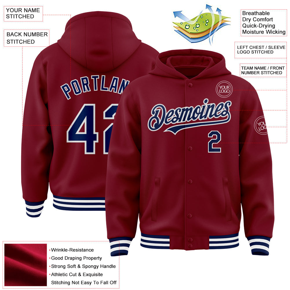 Custom Crimson Navy-White Bomber Full-Snap Varsity Letterman Hoodie Jacket view 3