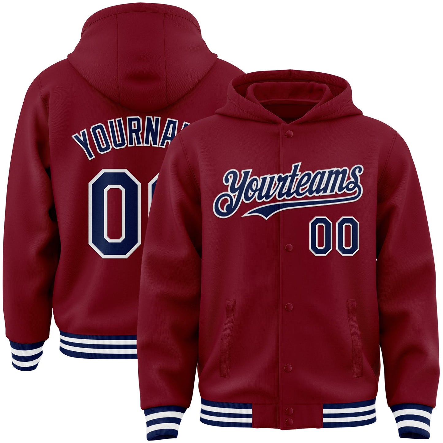 Custom Crimson Navy-White Bomber Full-Snap Varsity Letterman Hoodie Jacket - Main View