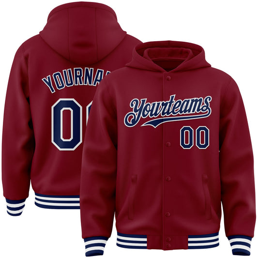 Custom Crimson Navy-White Bomber Full-Snap Varsity Letterman Hoodie Jacket - Main View