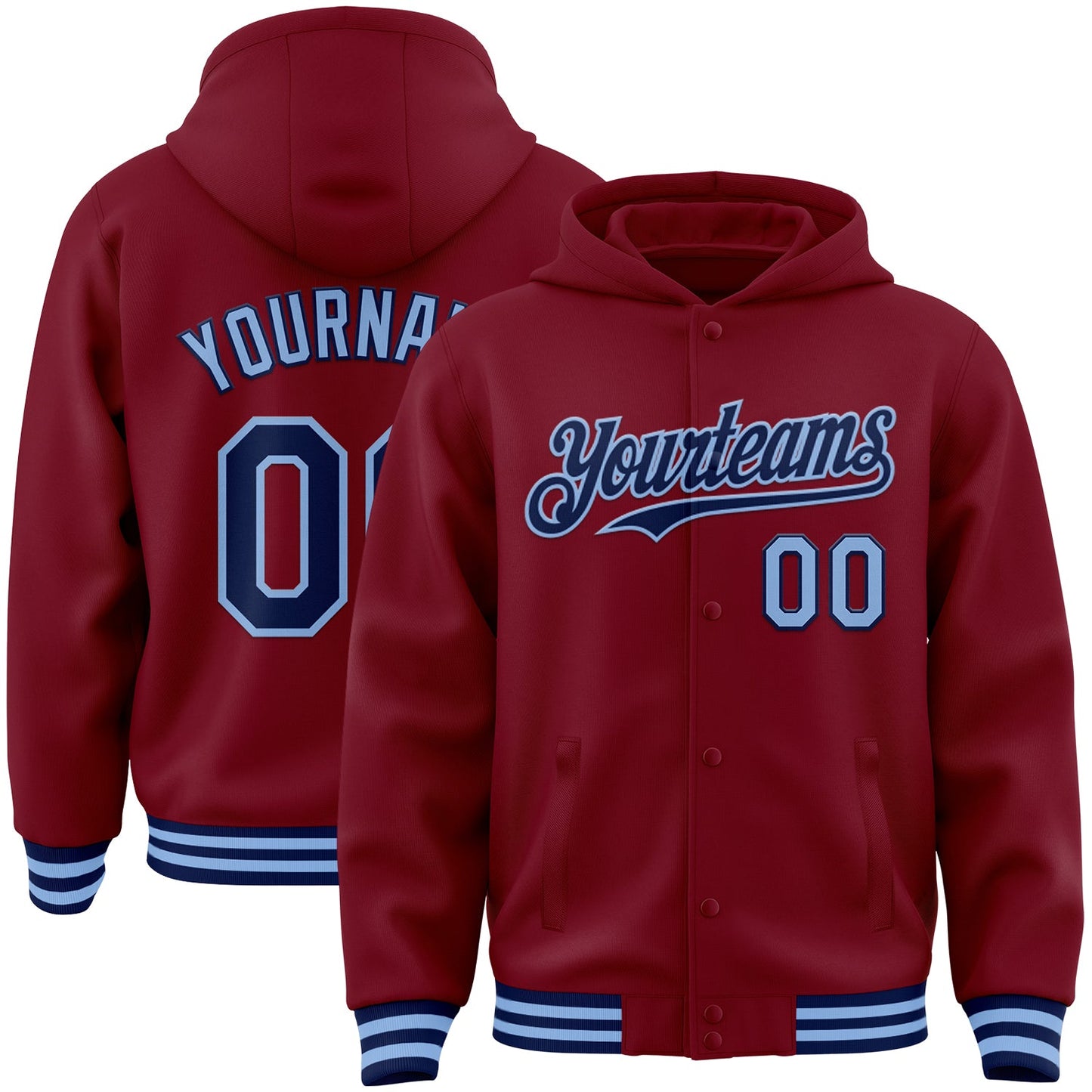 Custom Crimson Navy-Light Blue Bomber Full-Snap Varsity Letterman Hoodie Jacket - Main View