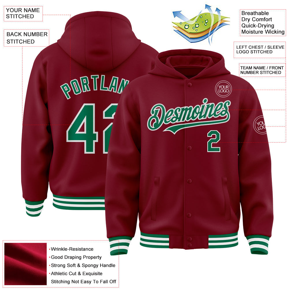 Custom Crimson Kelly Green-White Bomber Full-Snap Varsity Letterman Hoodie Jacket view 3
