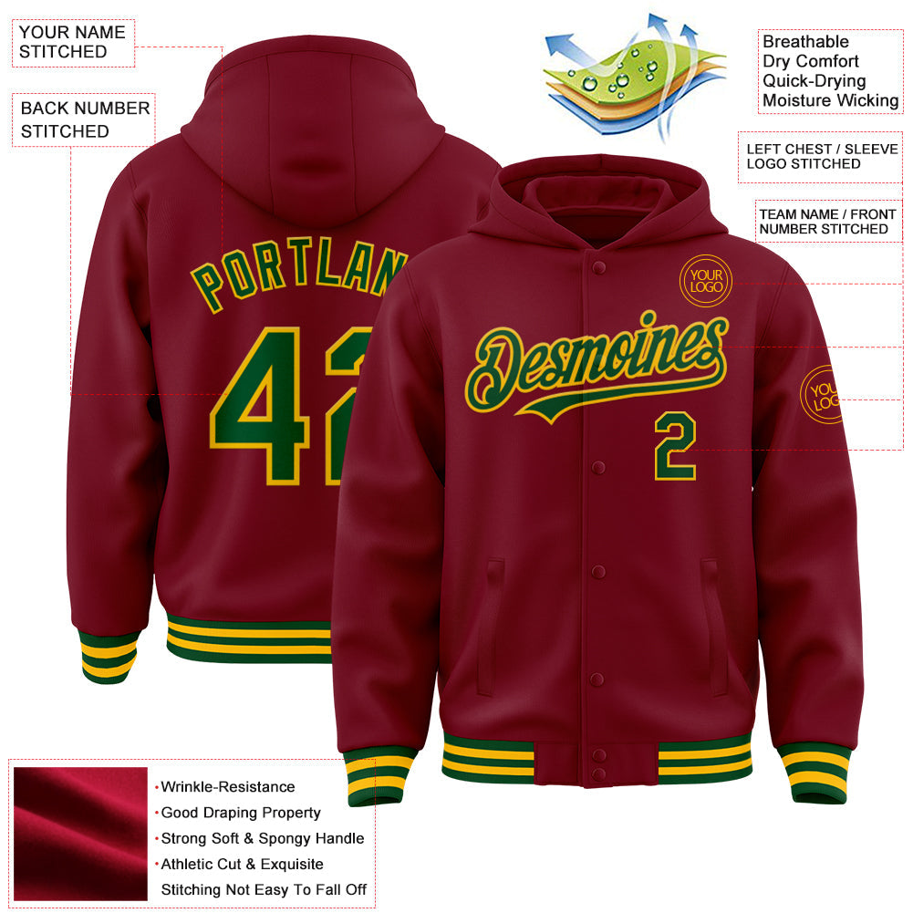 Custom Crimson Green-Gold Bomber Full-Snap Varsity Letterman Hoodie Jacket view 3