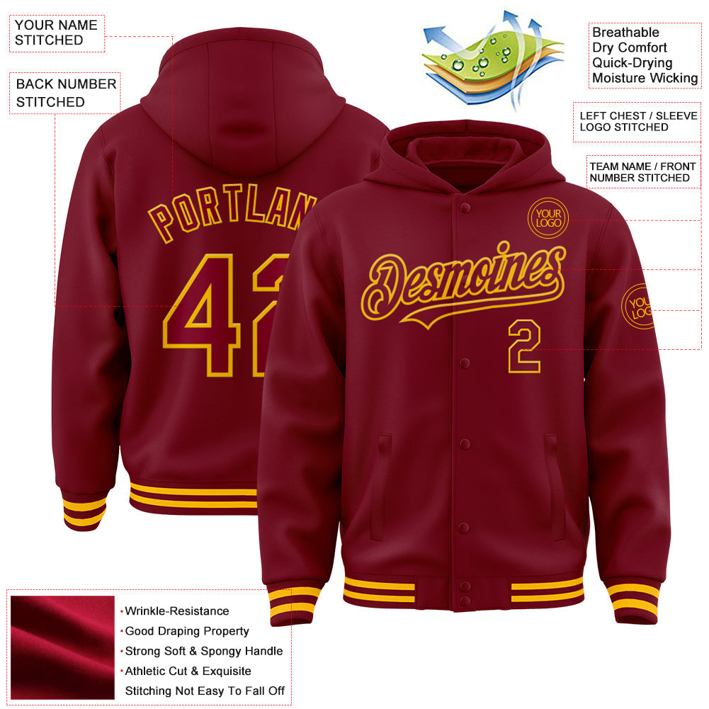 Custom Crimson Gold Bomber Full-Snap Varsity Letterman Hoodie Jacket view 3