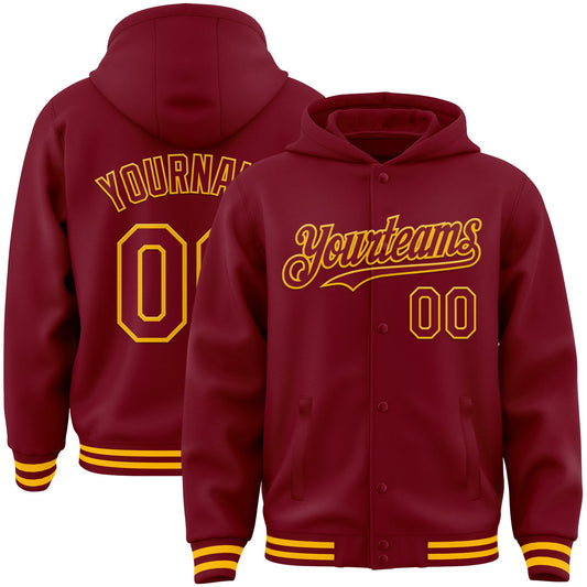 Custom Crimson Gold Bomber Full-Snap Varsity Letterman Hoodie Jacket - Main View