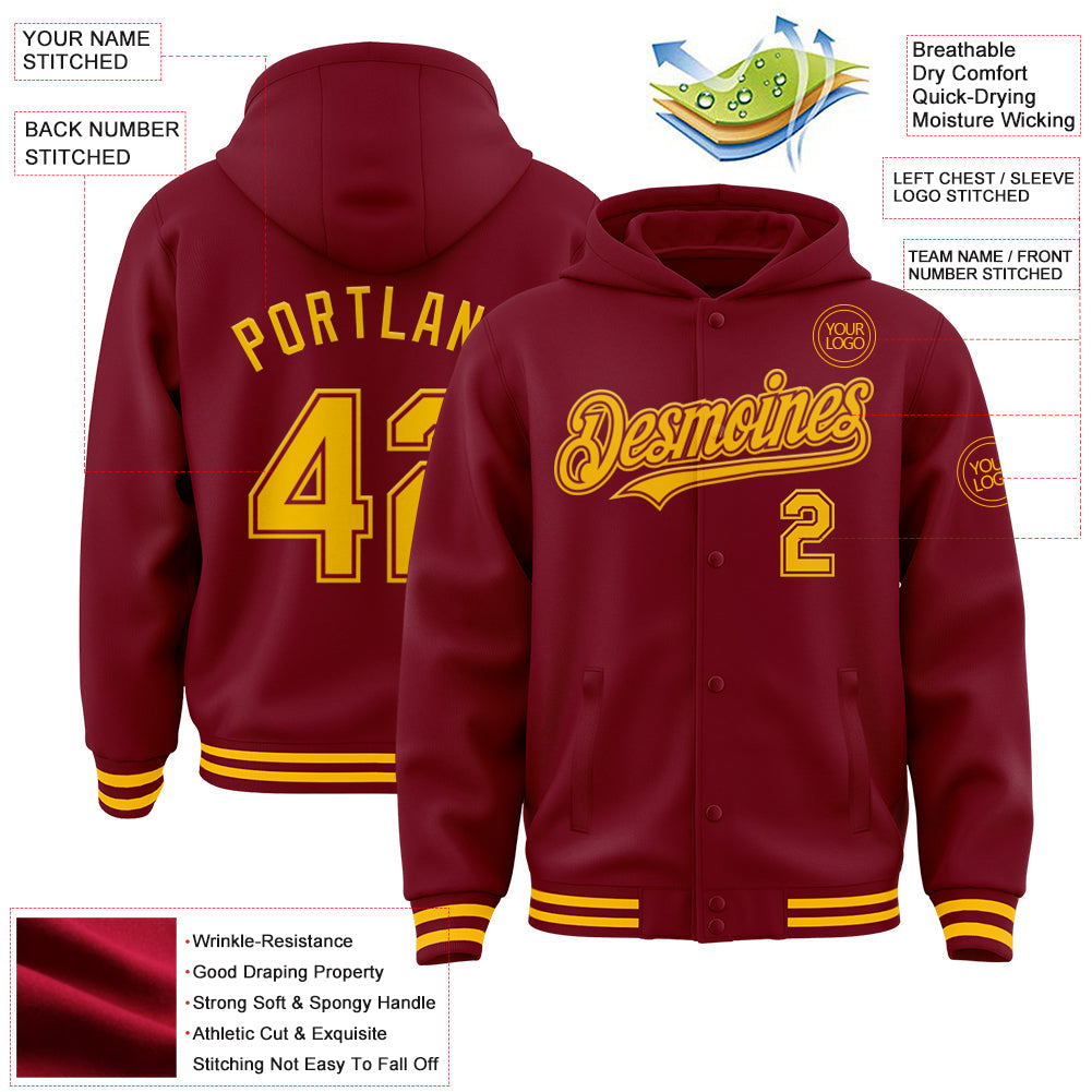 Custom Crimson Gold Bomber Full-Snap Varsity Letterman Hoodie Jacket view 3