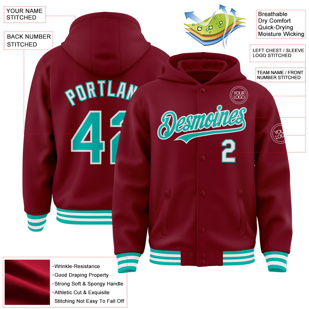 Custom Crimson Aqua-White Bomber Full-Snap Varsity Letterman Hoodie Jacket view 3